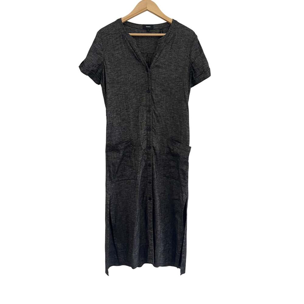 Theory Button Down Linen Blend Midi Dress Womens 6 Gray Lagenlook Minimal READ